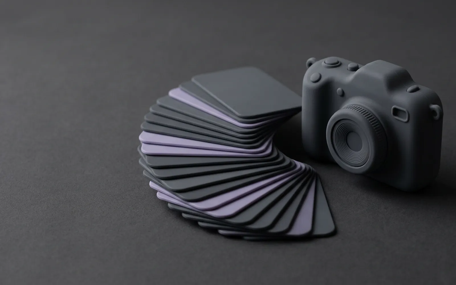 A soft camera in front of a fanned deck of content cards