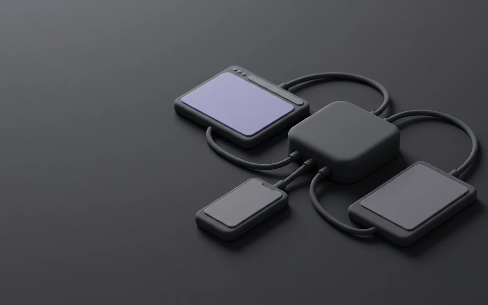 A content box linked by soft cables to a browser, a phone and a tablet
