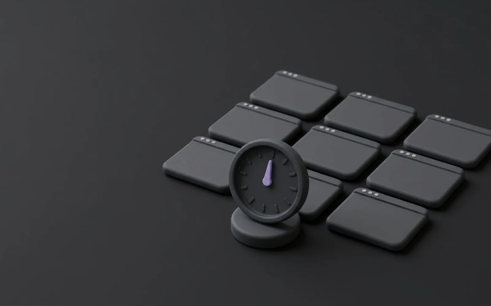 A grid of nine browser windows with a gauge in front of them
