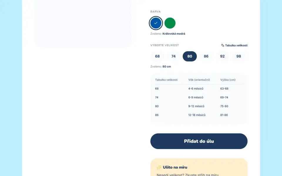 Size chart on the product page