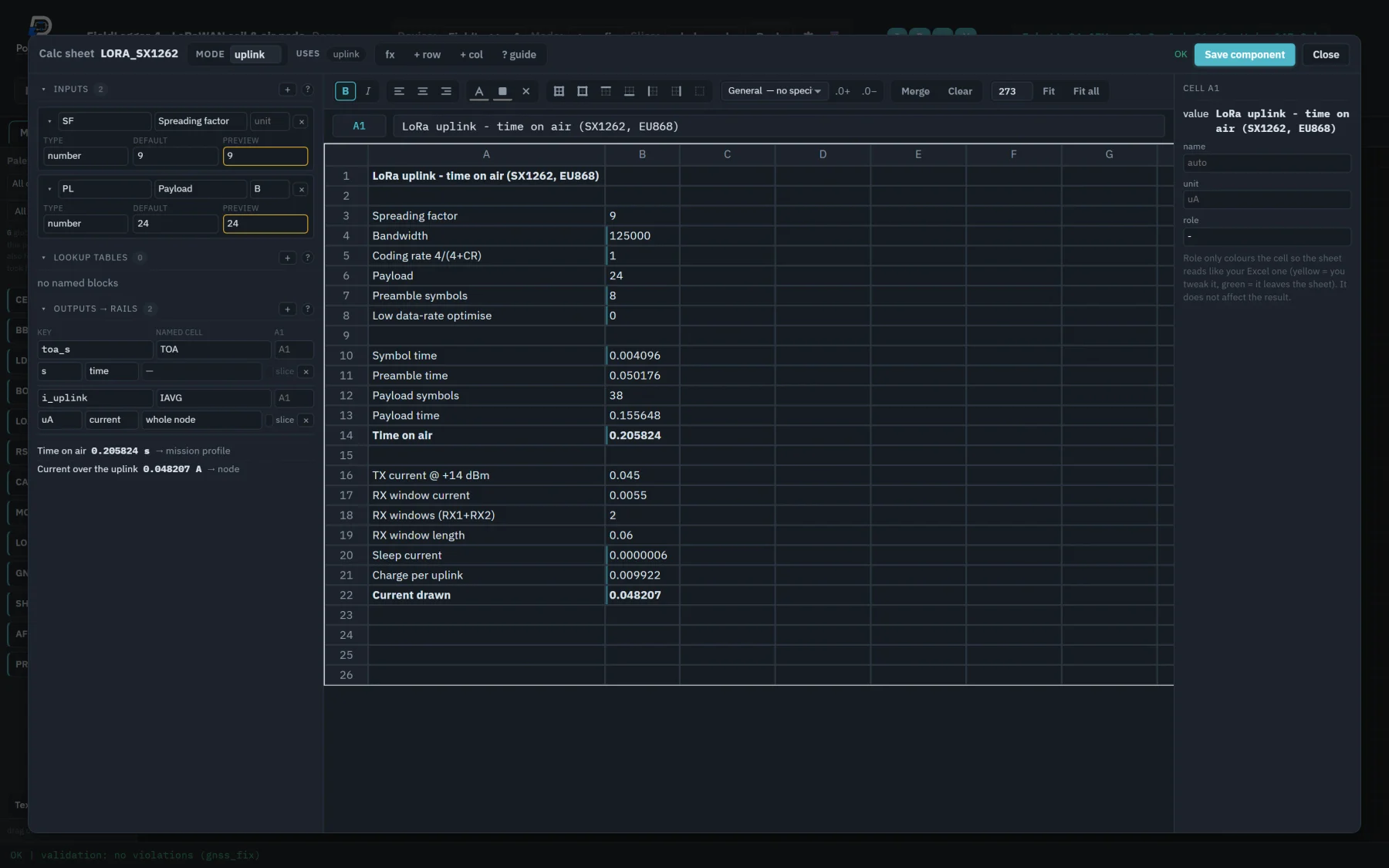 A calculation sheet inside the part