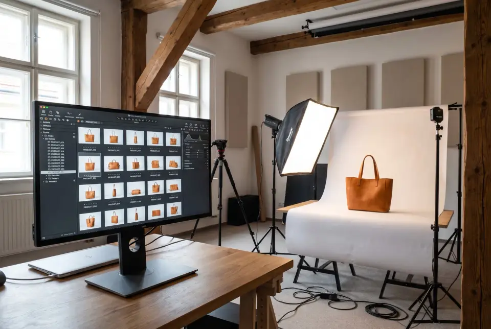 Clothing product photography takes a few frames more: the whole piece, the fabric up close and the label.