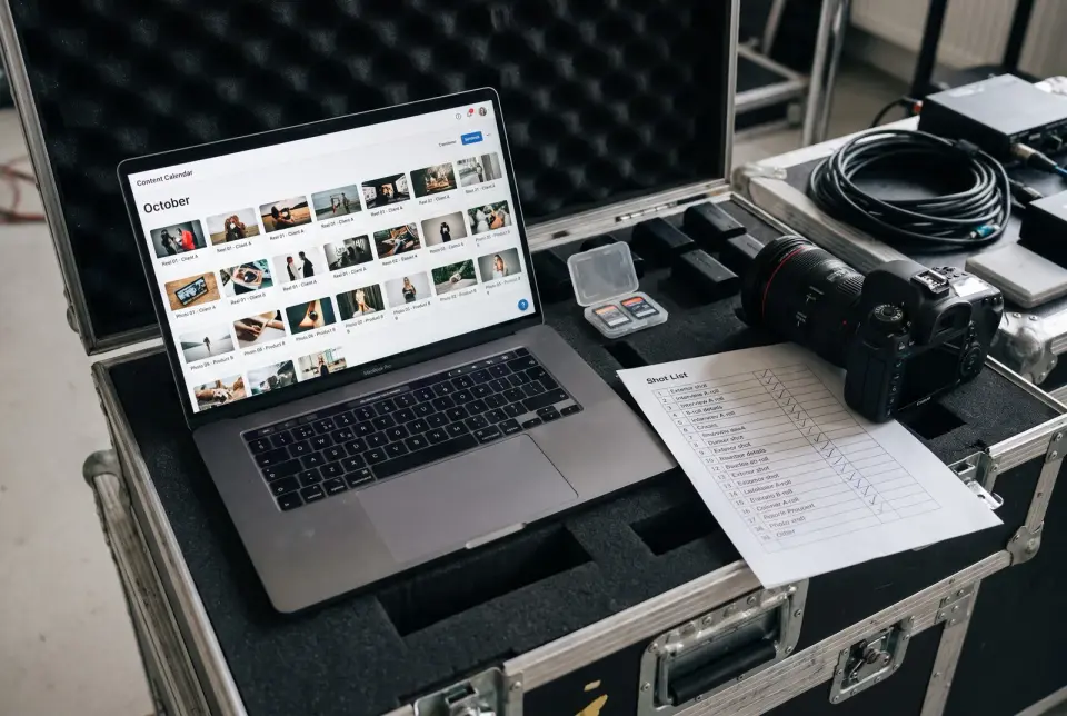 One shooting day a month gives material for the whole month: reels, photos, clips from interviews.