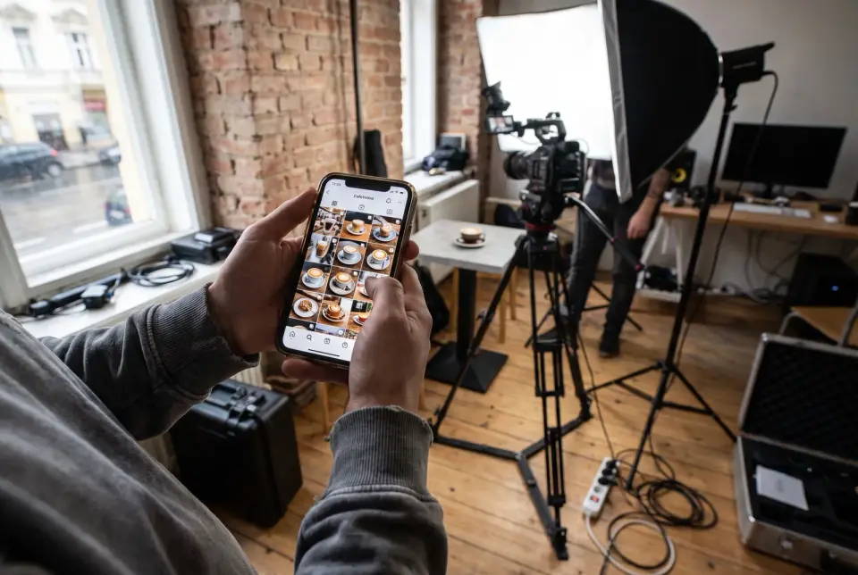 An agency orders content elsewhere and a freelancer works from whatever you send. Here the same team that runs the profile holds the camera.